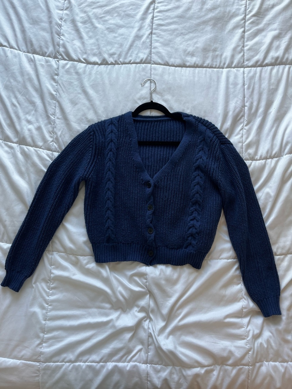 Chunky Navy Blue Knit Cropped Cable Cardigan Sweater Size Small
